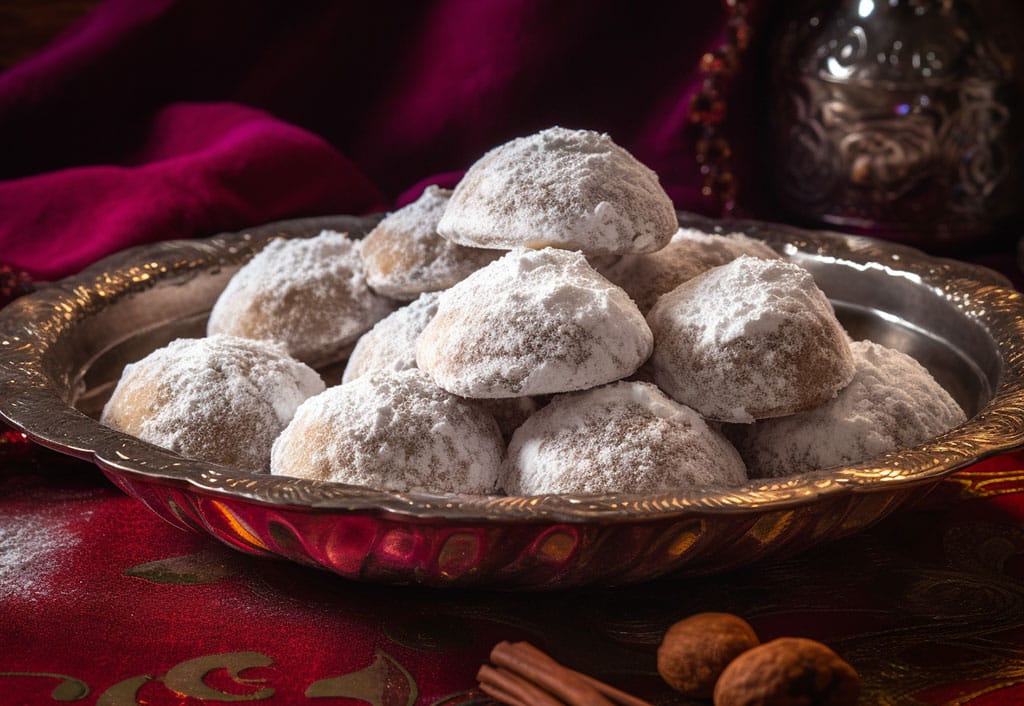 A still life of Mexican wedding cookies artfully arranged on an ornate, antique silver platter.